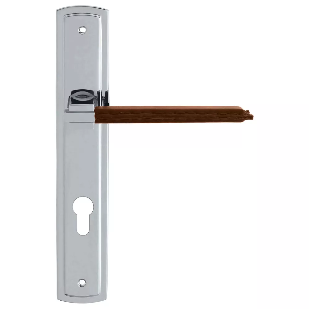 Klamka drzwiowa Pelle Marrone na dlugim szyldzie z otworem na wkladke - wykonczenie CR